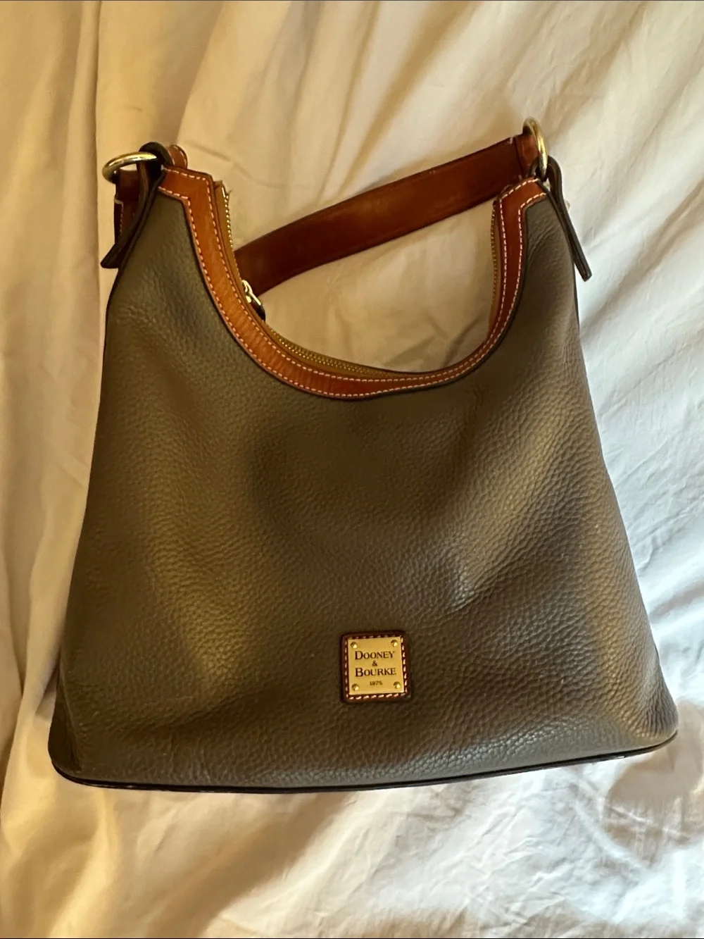Dooney & Bourke Taupe Pebbled Leather Shoulder Bag with Brown Trim